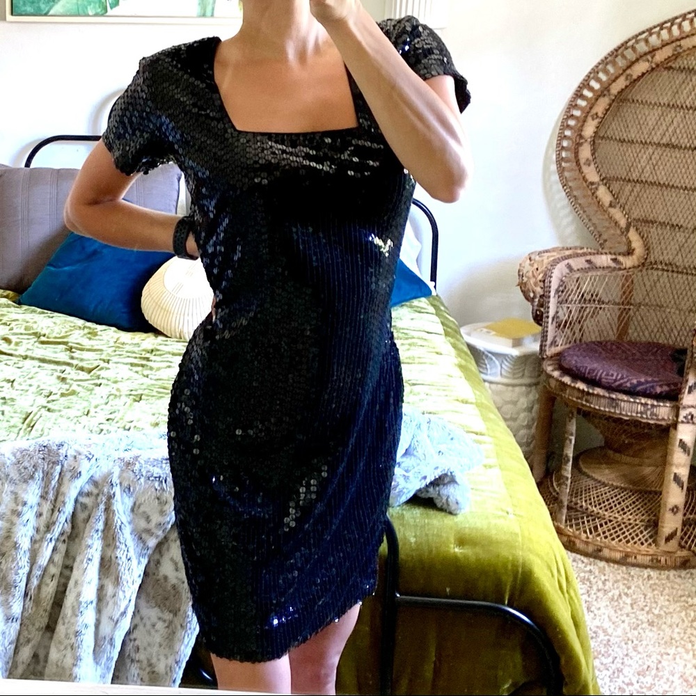 Vintage 80’s Black Sequin Square Neck Short-Sleeved Mini Dress | Small / Med
